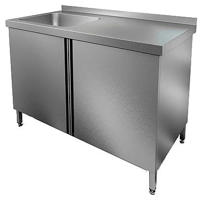 НСЗ1М-14/6БЛ стол с ванной моеч. 1 секц. (500х400х250) слева, закрыт., распаш двери, HICOLD RUS